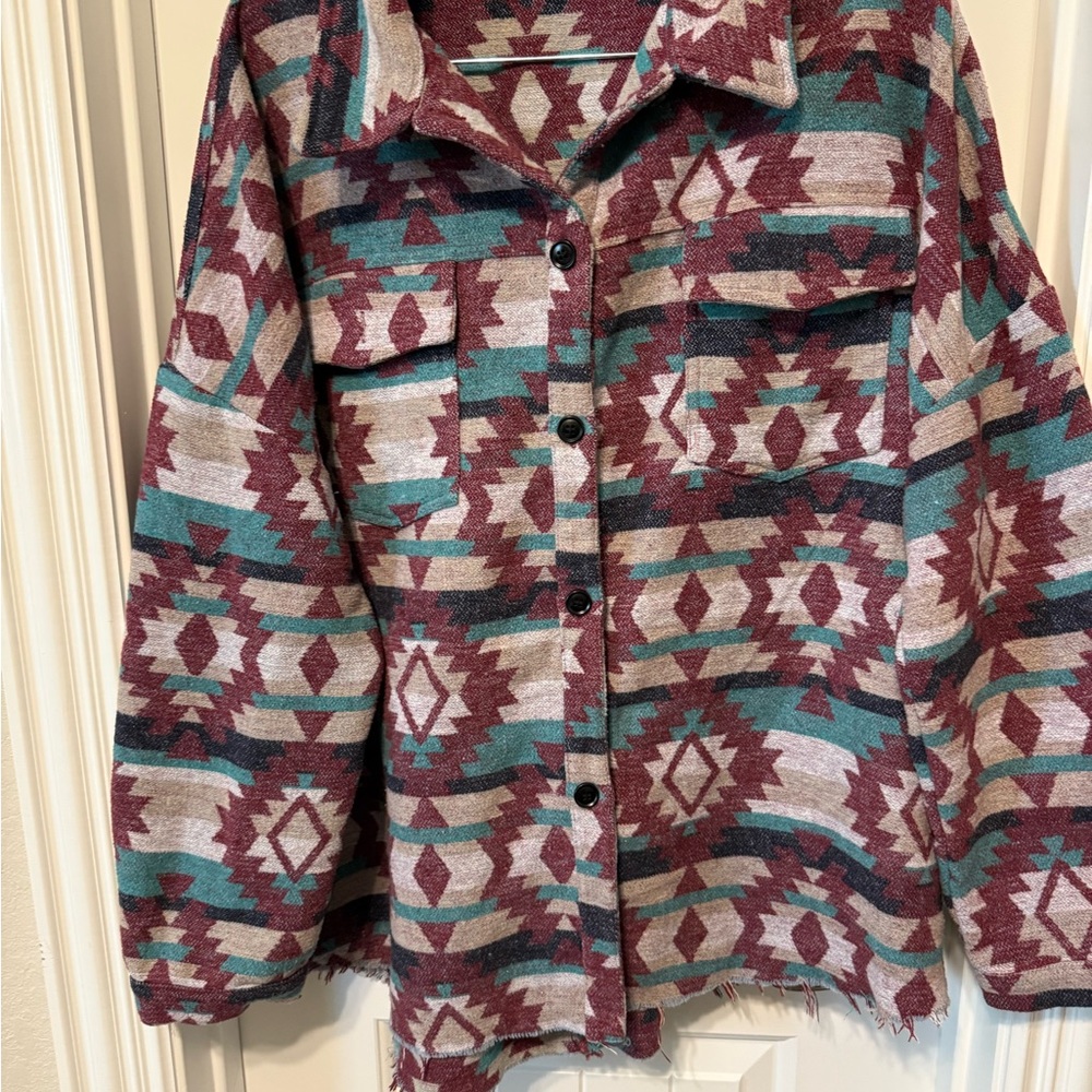 1.4.3. Story by Line Up Patterned Utility Jacket in Burgundy and Teal